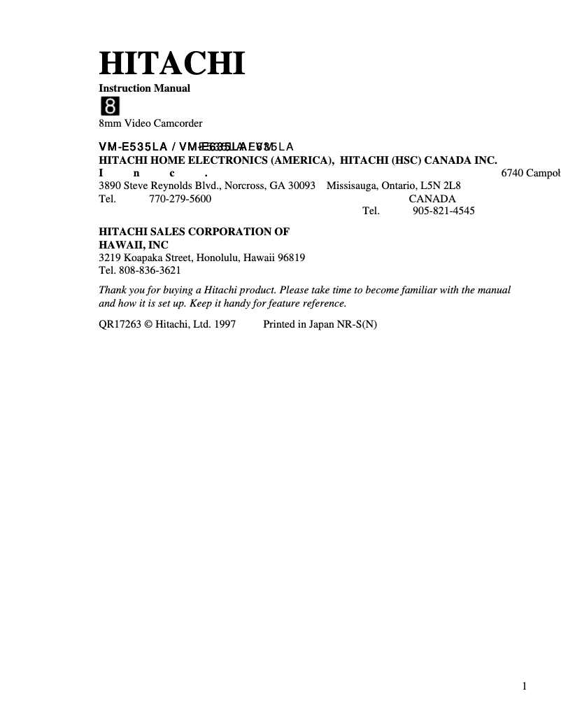 Page n°1 - Manuel utilisateur Hitachi VM-E635LA