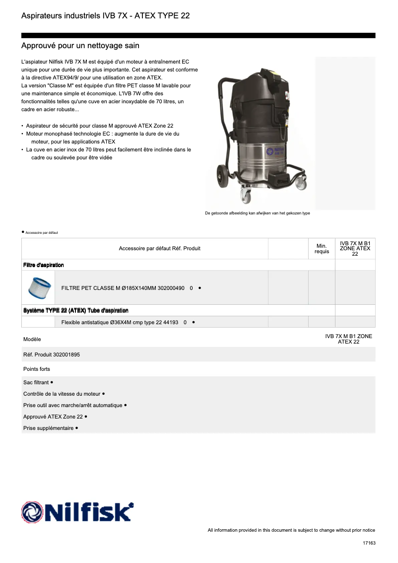Página 1 del manual Ficha técnica Nilfisk IVB 7-M B1