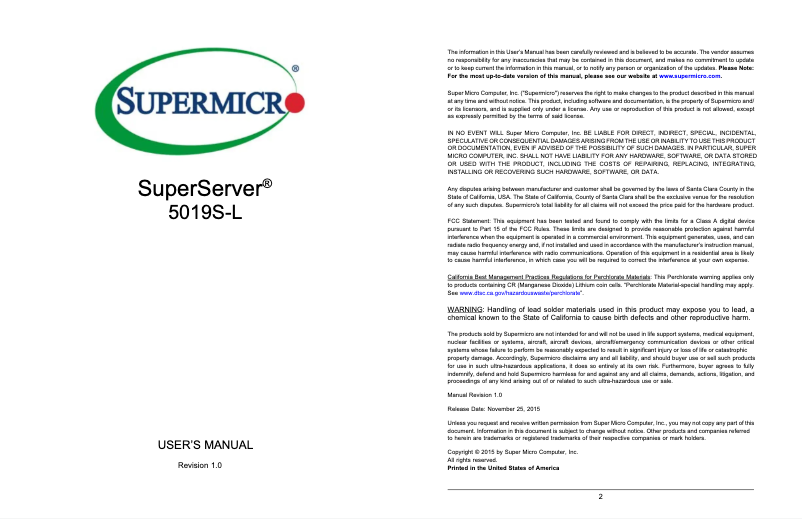 Image de la première page du manuel de l'appareil SuperServer 5019S-L