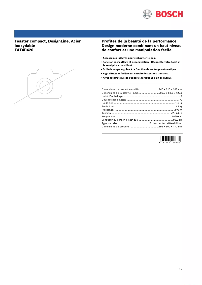 Página 1 del manual Ficha técnica Bosch DesignLine TAT4P420