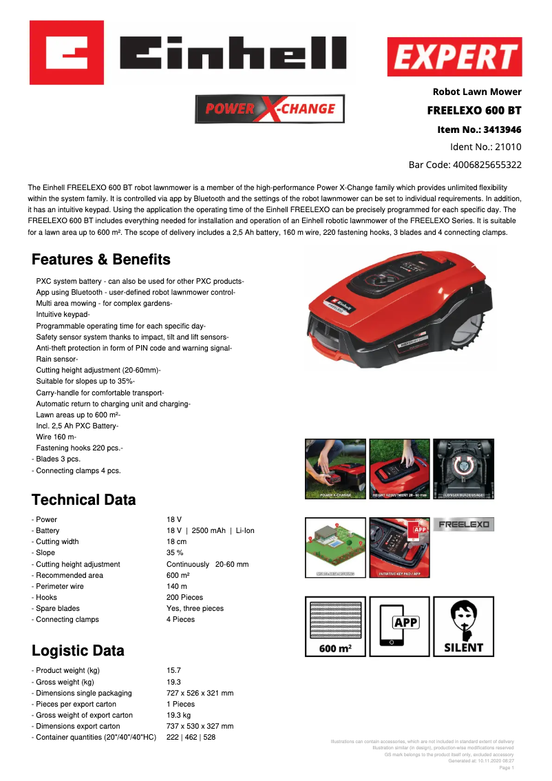 Página 1 del manual Ficha técnica Einhell FREELEXO 600 BT