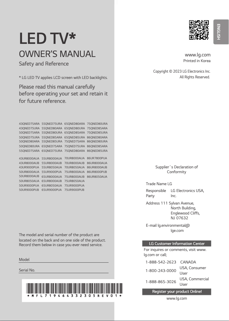 Page 1 de la notice Manuel utilisateur LG 50QNED80URA