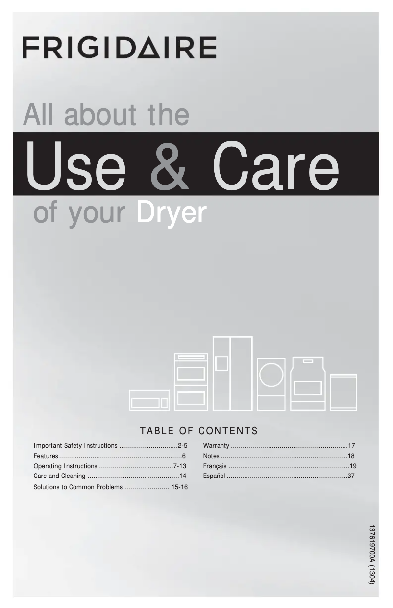 Page 1 de la notice Manuel d'utilisation et d'entretien Frigidaire FFQE5000QW