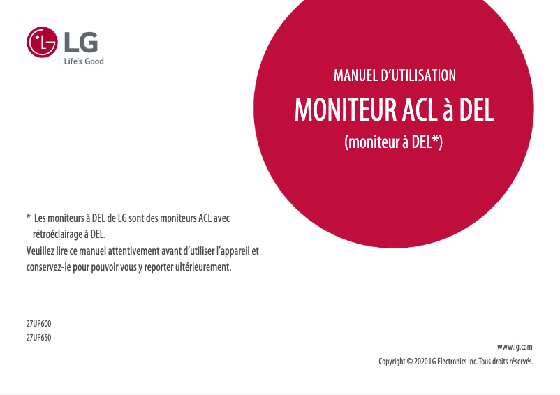 Page 1 de la notice Manuel utilisateur LG 27UP600