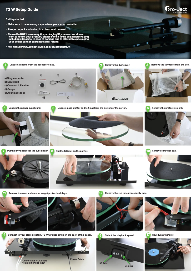 Page 1 de la notice Guide d'installation Pro-Ject T2 W