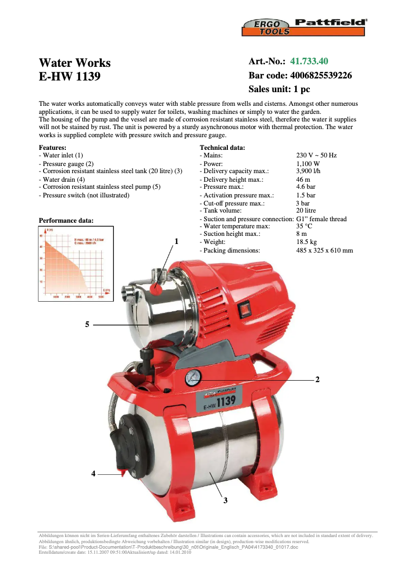 Page 1 de la notice Manuel utilisateur Ergotools Pattfield E-HW 1139