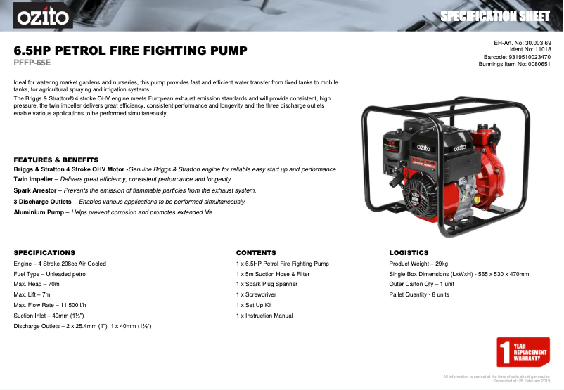 Page 1 de la notice Fiche technique Ozito PFFP-65E