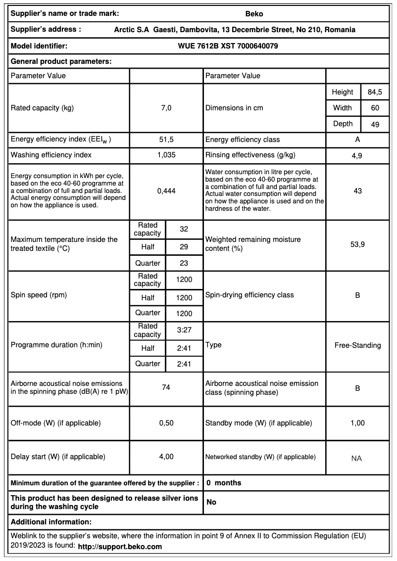 Page 1 de la notice Fiche technique Beko WUE 7612B XST