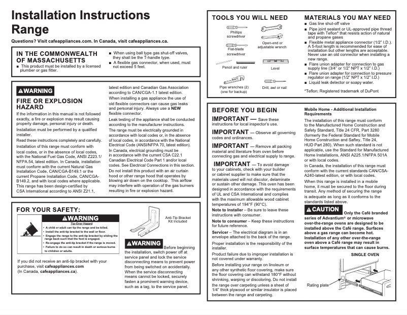 Page n°1 - Guide d'installation GE CGS700P4MW2