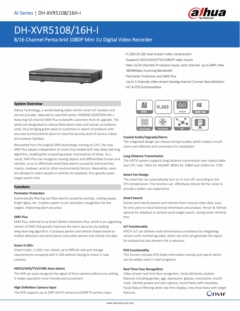 Page 1 de la notice Fiche technique Dahua Technology XVR5108/16H-I