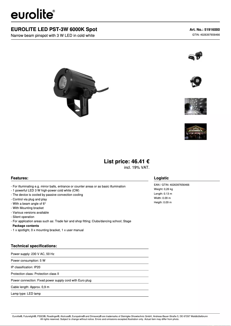Page 1 de la notice Fiche technique Eurolite LED PST-3W