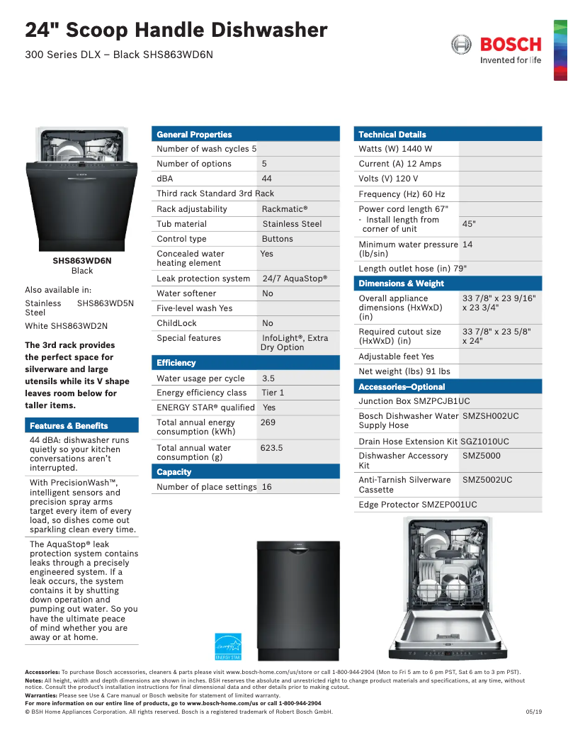 Page 1 de la notice Fiche technique Bosch SHSM63W56N
