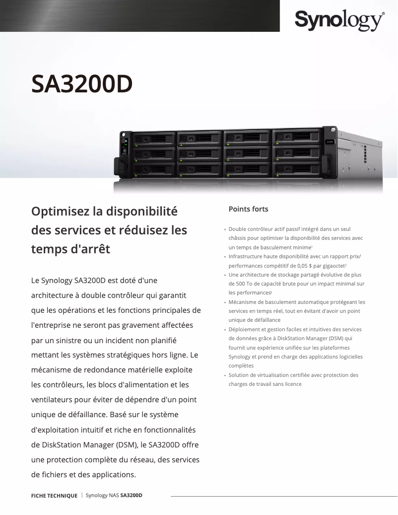 Page 1 de la notice Fiche technique Synology RackStation SA3200D
