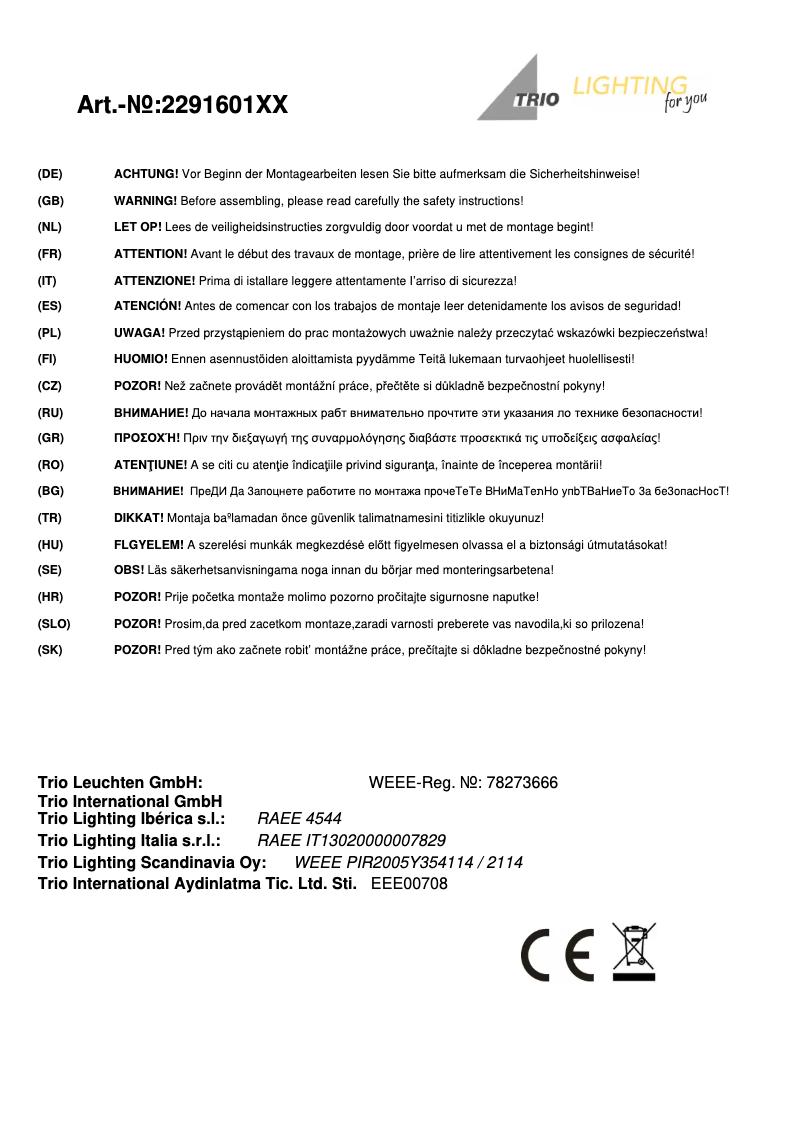 Page 1 de la notice Manuel utilisateur Trio Lighting Tiber 229160142