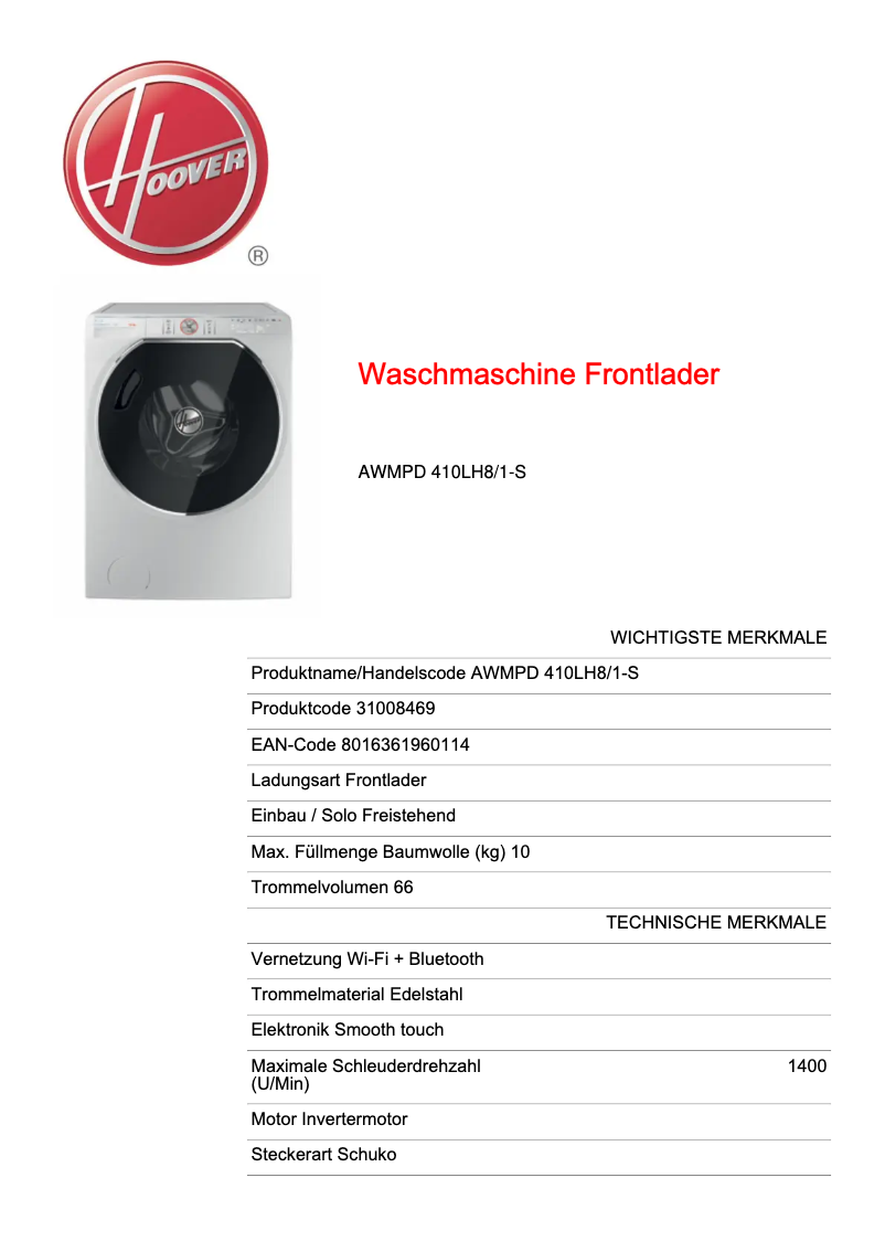 Page n°1 - Fiche technique Hoover AWMPD 410LH8/1-S