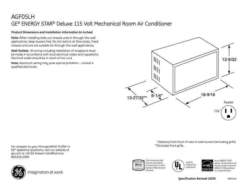 Página 1 del manual Ficha técnica GE AGF05LH