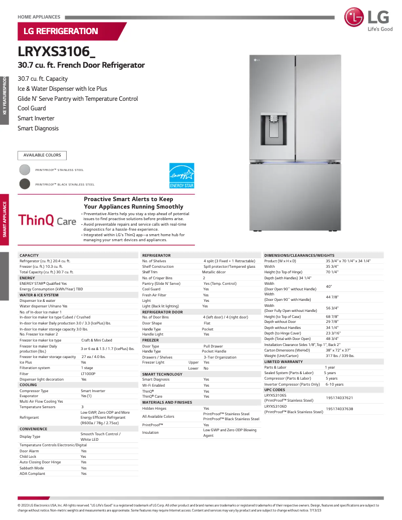 Page 1 de la notice Fiche technique LG LRYXS3106S