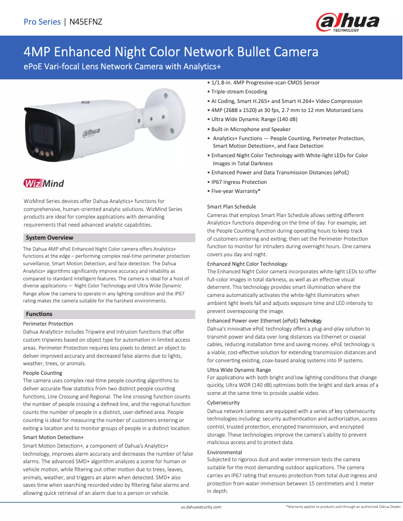 Page 1 de la notice Fiche technique Dahua Technology N45EFNZ