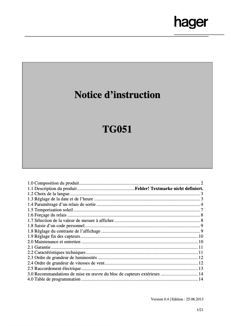Page n°1 - Guide d'installation Hager TG056