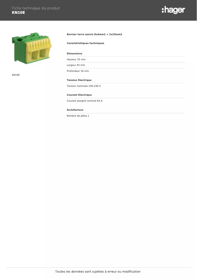 Page 1 de la notice Fiche technique Hager KN10E
