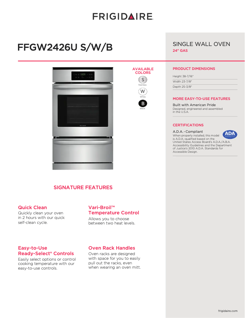 Página 1 del manual Ficha técnica Frigidaire FFGW2426UW