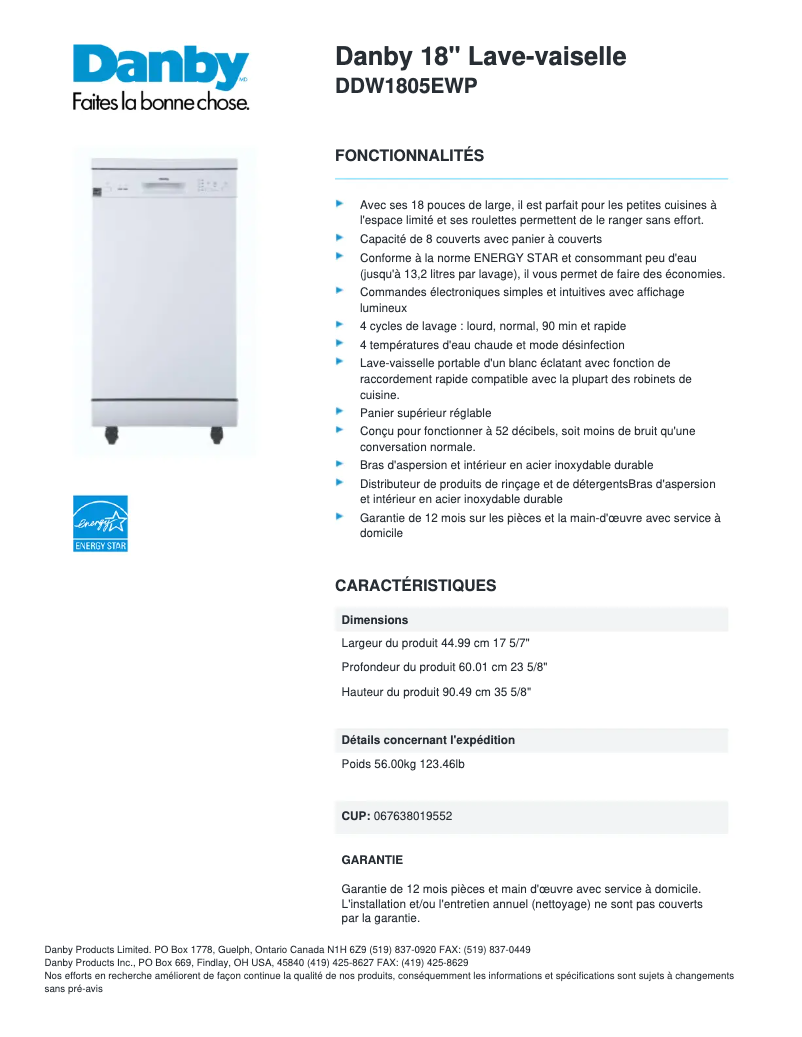 Page 1 de la notice Fiche technique Danby DDW1805EWP