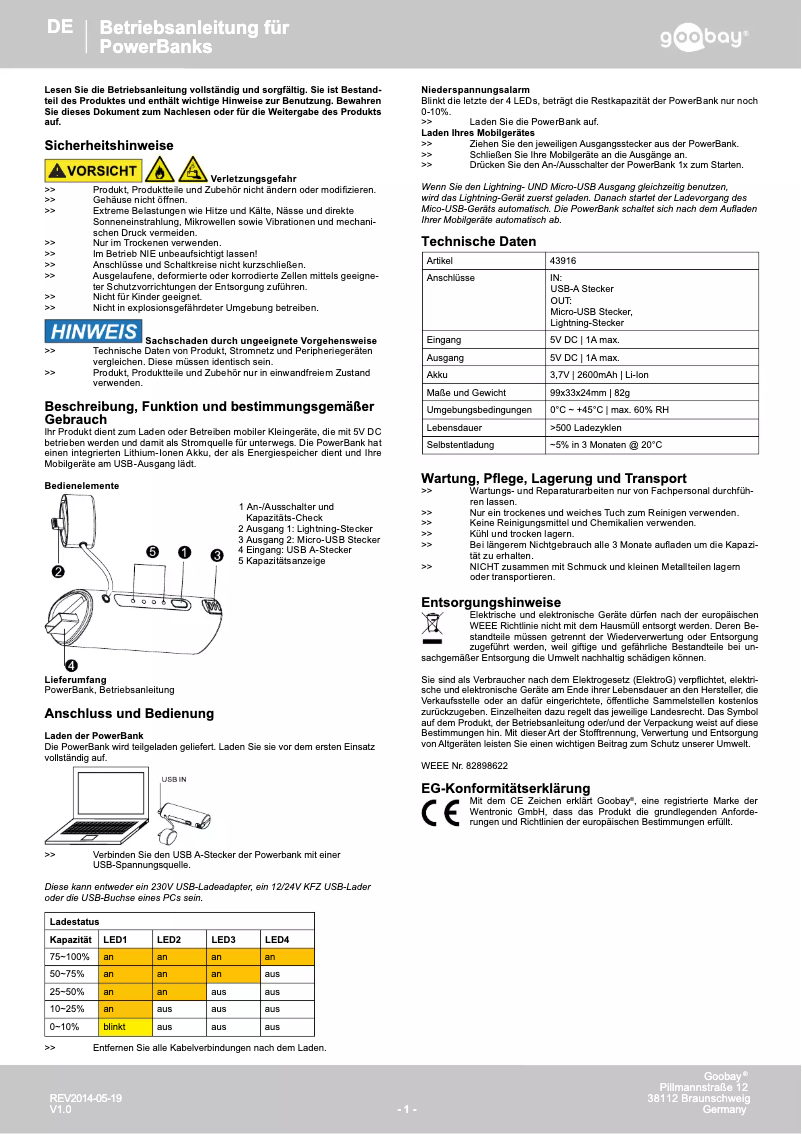 Page 1 de la notice Manuel utilisateur Wentronic Powerbank 2.6