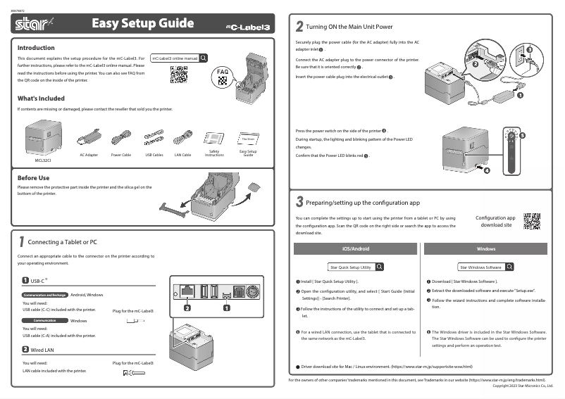 Page 1 de la notice Guide d'installation Star Micronics mC-Label3