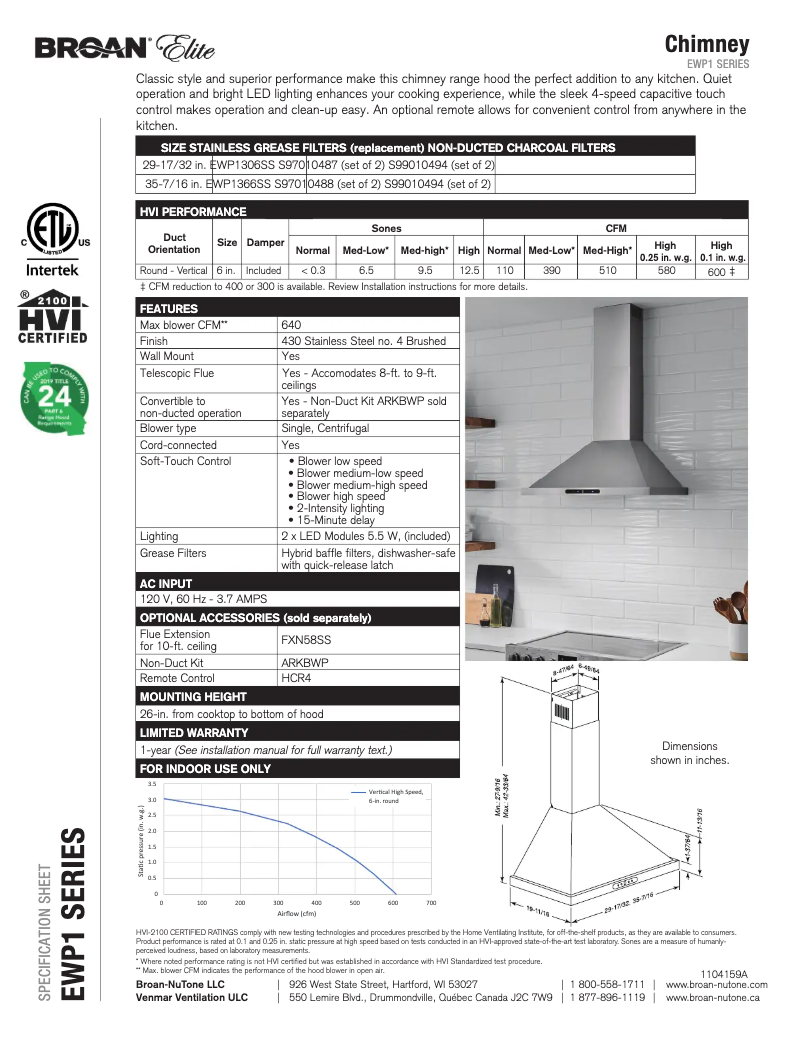 Page 1 de la notice Fiche technique Broan Elite EWP1366SS