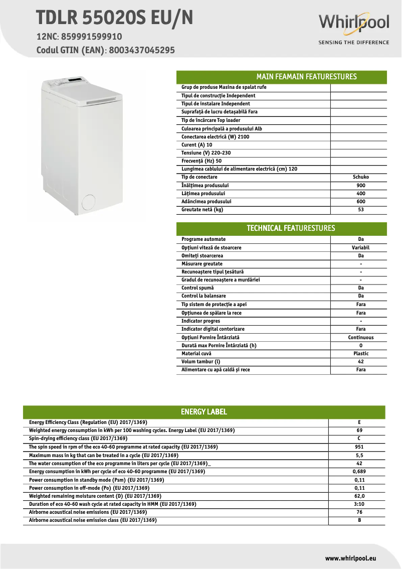 Página 1 del manual Ficha técnica Whirlpool TDLR 55020S