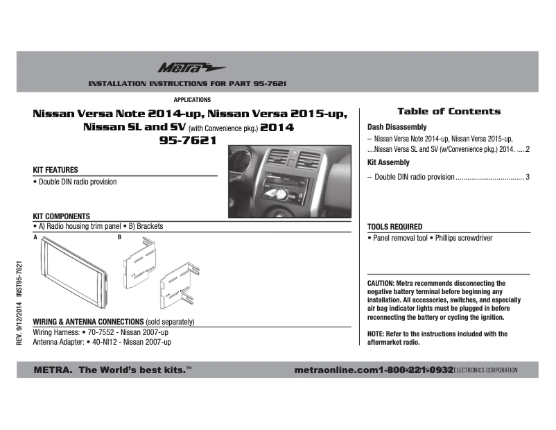 Page n°1 - Manuel utilisateur Metra 95-7621