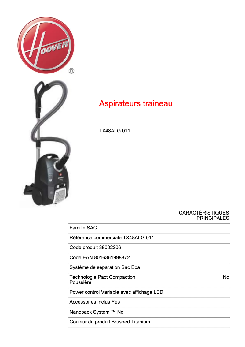 Page n°1 - Fiche technique Hoover Telios Extra TX48ALG 011