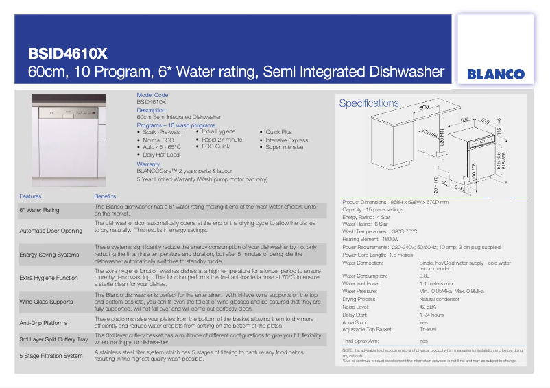 Page 1 de la notice Fiche technique BLANCO BSID4610X