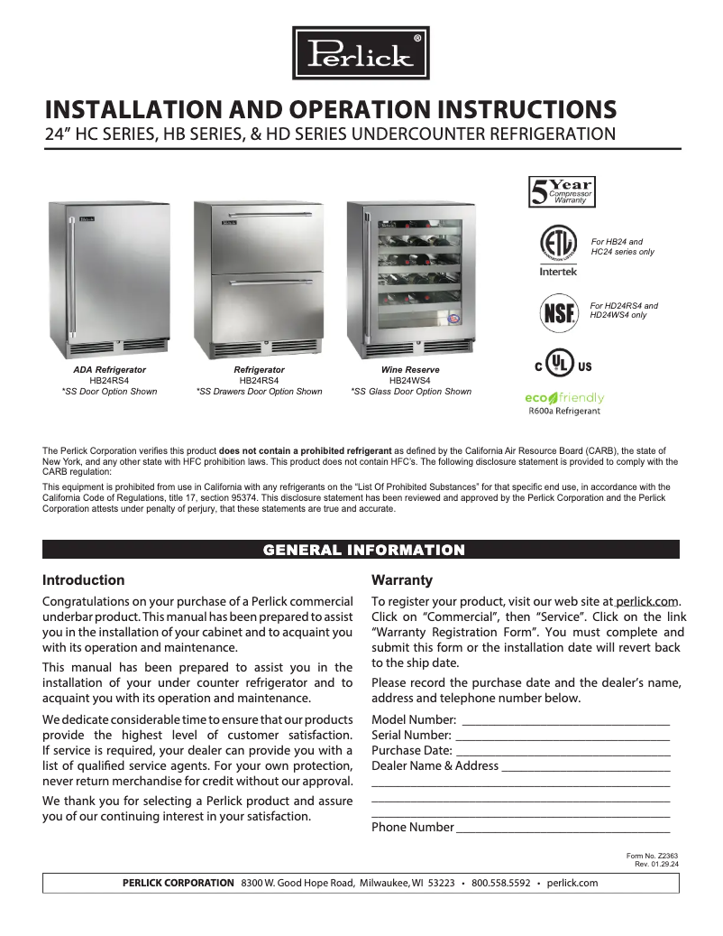 Page 1 de la notice Manuel utilisateur Perlick HC24RS4S-J0-SLFLT