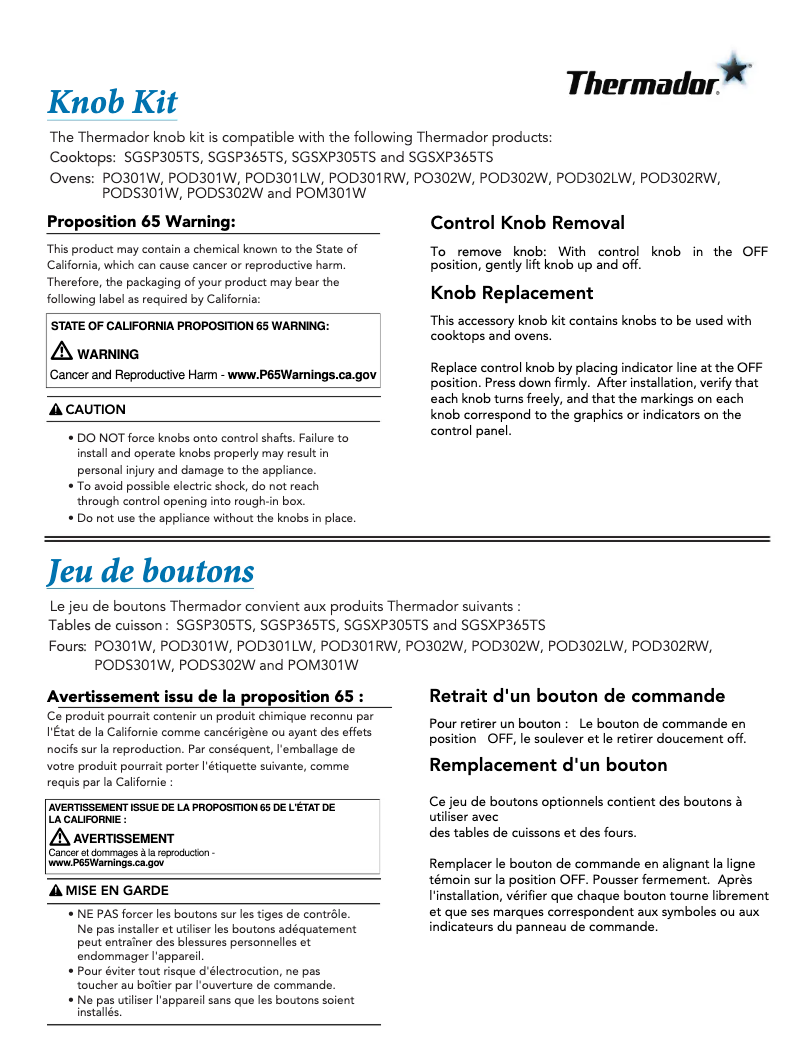 Page 1 de la notice Manuel utilisateur Thermador WKNOBKT3W