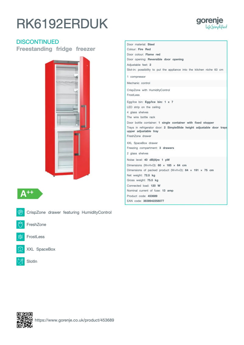 Page n°1 - Fiche technique Gorenje RK6192ERDUK