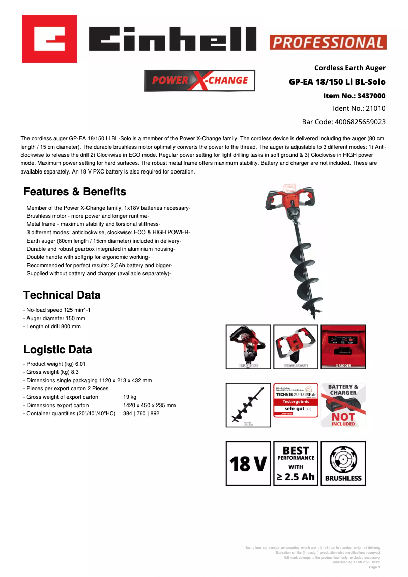 Page n°1 - Fiche technique Einhell GP-EA 18/150 Li BL-Solo