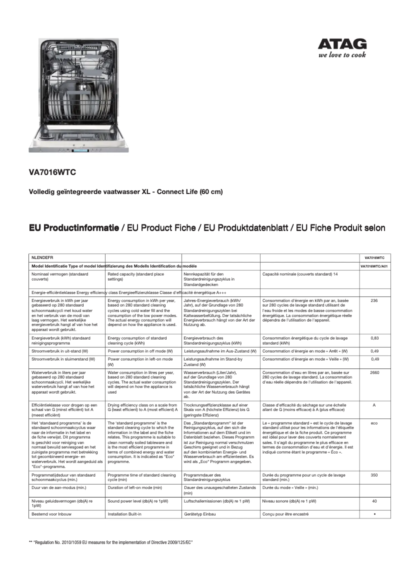 Page 1 de la notice Fiche technique Atag VA7016WTC