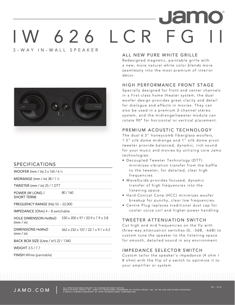 Page 1 de la notice Fiche technique Jamo IW 626 LCR FG II