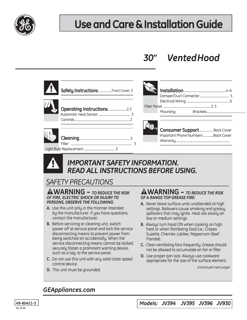 Page 1 de la notice Mode d'emploi GE JV930SCBR
