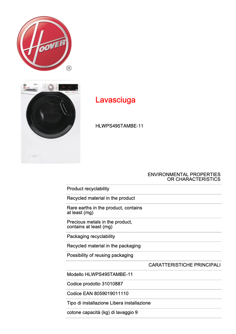 Page n°1 - Fiche technique Hoover Link Pro HLWPS495TAMBE-11