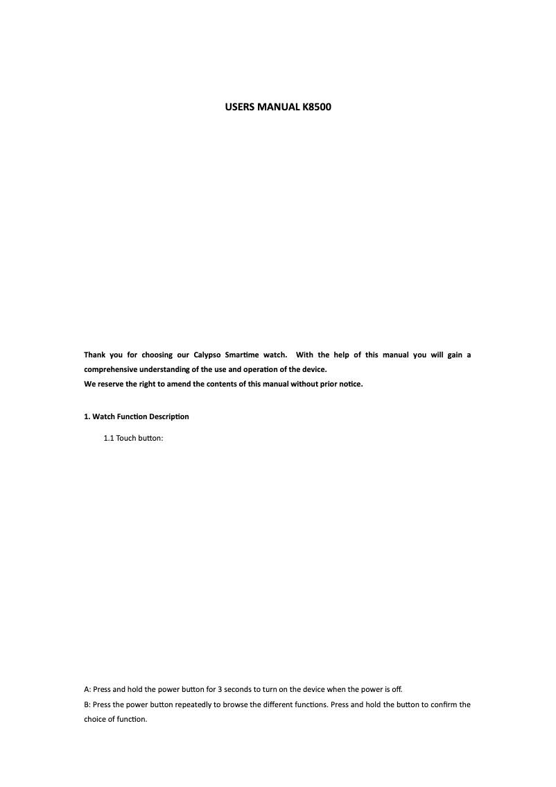 Page n°1 - Manuel utilisateur Calypso K8500