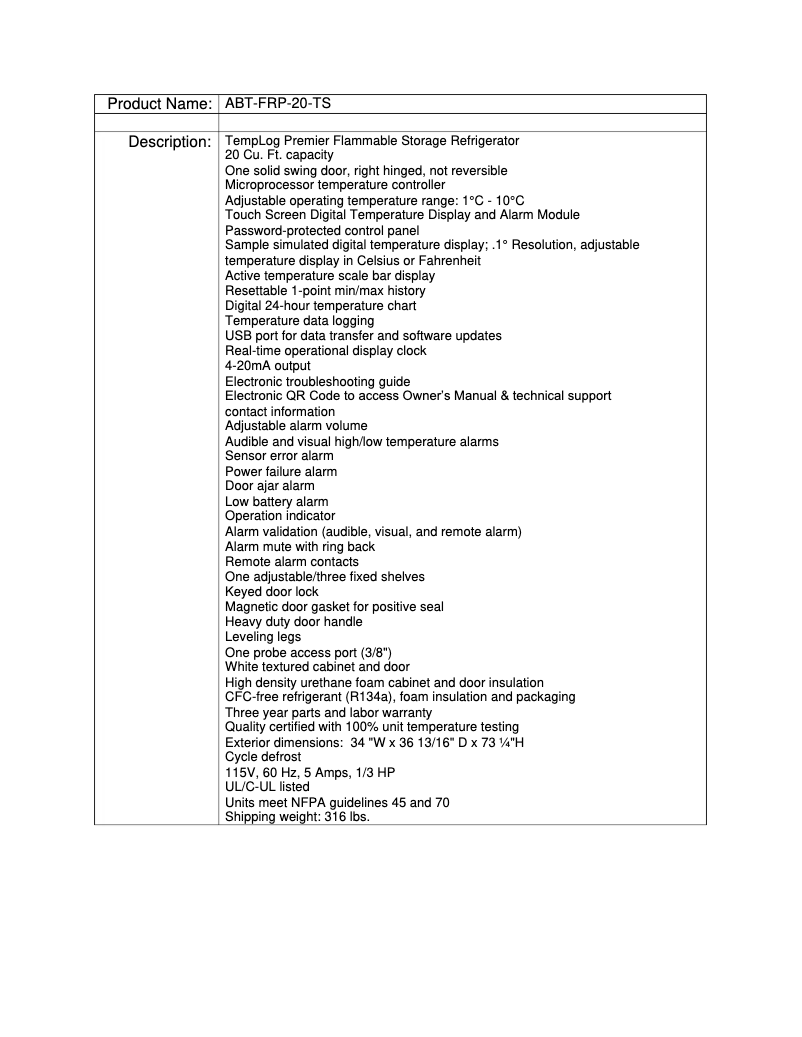 Page 1 de la notice Manuel utilisateur American BioTech Supply ABT-FRP-20-TS