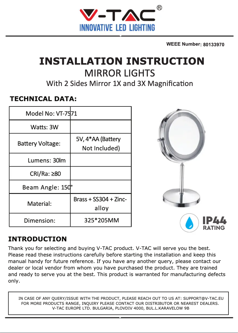 Page 1 de la notice Manuel utilisateur V-TAC VT-7572