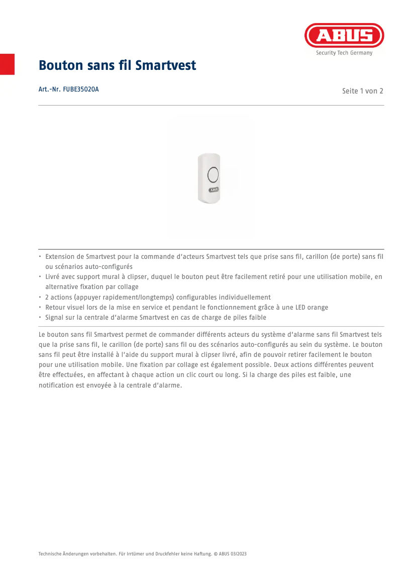 Page n°1 - Fiche technique Abus FUBE35020A