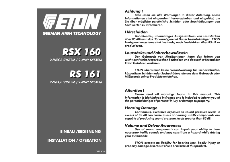 Page 1 de la notice Manuel utilisateur Eton RSX 160
