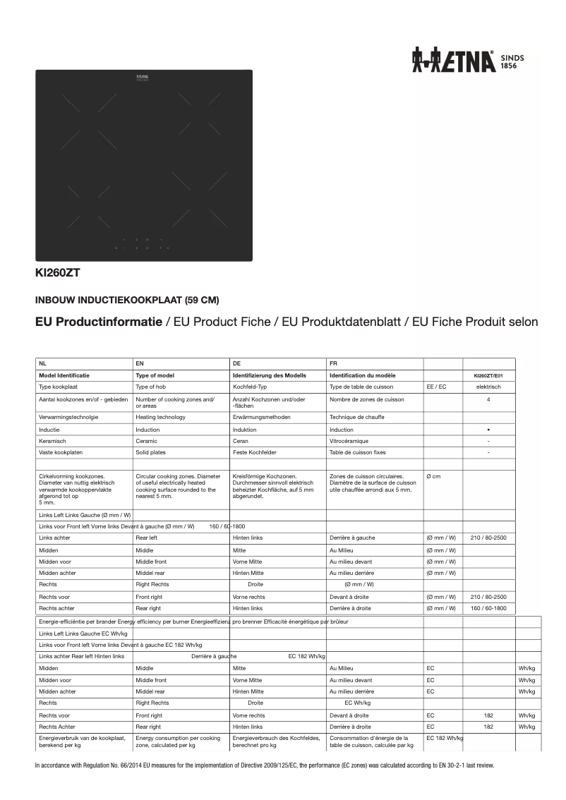 Page 1 de la notice Fiche technique Etna KI260ZT