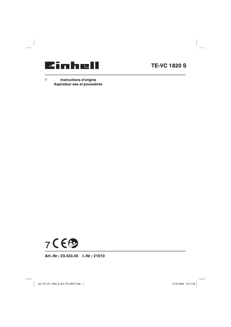 Page n°1 - Manuel utilisateur Einhell TE-VC 1820 S