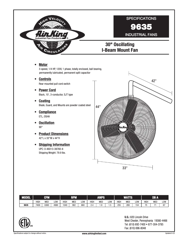 Page 1 de la notice Fiche technique Air King 9635