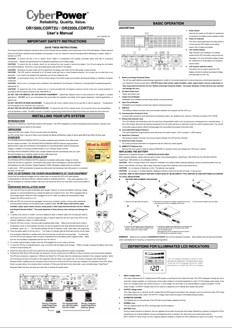 Page 1 de la notice Manuel utilisateur CyberPower Smart App LCD OR2200LCDRT2U